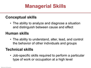©McGraw-Hill Education.
Managerial Skills
Conceptual skills
• The ability to analyze and diagnose a situation
and distingu...