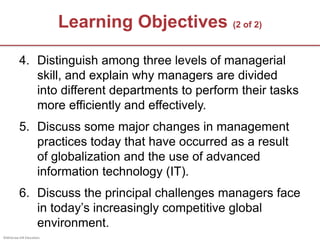 ©McGraw-Hill Education.
Learning Objectives (2 of 2)
4. Distinguish among three levels of managerial
skill, and explain wh...