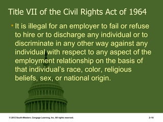 Title VII of the Civil Rights Act of 1964
 • It is illegal for an employer to fail or refuse
   to hire or to discharge any individual or to
   discriminate in any other way against any
   individual with respect to any aspect of the
   employment relationship on the basis of
   that individual’s race, color, religious
   beliefs, sex, or national origin.




© 2012 South-Western, Cengage Learning, Inc. All rights reserved.   2–10
 