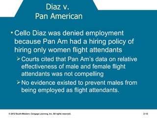 Diaz v.
                           Pan American

 • Cello Diaz was denied employment
   because Pan Am had a hiring policy of
   hiring only women flight attendants
         Courts cited that Pan Am’s data on relative
          effectiveness of male and female flight
          attendants was not compelling
         No evidence existed to prevent males from
          being employed as flight attendants.


© 2012 South-Western, Cengage Learning, Inc. All rights reserved.   2–12
 