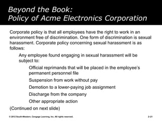 Beyond the Book:
Policy of Acme Electronics Corporation
Corporate policy is that all employees have the right to work in an
environment free of discrimination. One form of discrimination is sexual
harassment. Corporate policy concerning sexual harassment is as
follows:
         Any employee found engaging in sexual harassment will be
         subject to:
                    Official reprimands that will be placed in the employee’s
                    permanent personnel file
                    Suspension from work without pay
                    Demotion to a lower-paying job assignment
                    Discharge from the company
                    Other appropriate action
(Continued on next slide)
© 2012 South-Western, Cengage Learning, Inc. All rights reserved.               2–21
 