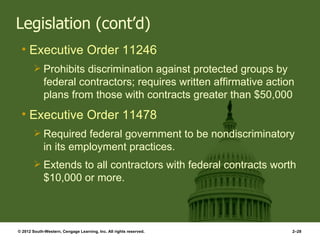 Legislation (cont’d)
 • Executive Order 11246
         Prohibits discrimination against protected groups by
             federal contractors; requires written affirmative action
             plans from those with contracts greater than $50,000
 • Executive Order 11478
         Required federal government to be nondiscriminatory
             in its employment practices.
         Extends to all contractors with federal contracts worth
             $10,000 or more.



© 2012 South-Western, Cengage Learning, Inc. All rights reserved.   2–28
 