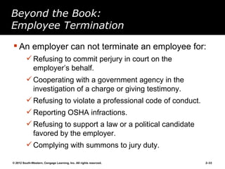 Beyond the Book:
Employee Termination
 An employer can not terminate an employee for:
          Refusing to commit perjury in court on the
           employer’s behalf.
          Cooperating with a government agency in the
           investigation of a charge or giving testimony.
          Refusing to violate a professional code of conduct.
          Reporting OSHA infractions.
          Refusing to support a law or a political candidate
           favored by the employer.
          Complying with summons to jury duty.

© 2012 South-Western, Cengage Learning, Inc. All rights reserved.   2–33
 
