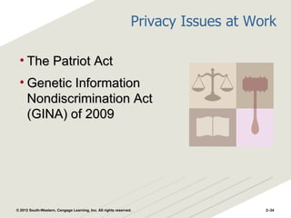 Privacy Issues at Work

 • The Patriot Act
 • Genetic Information
   Nondiscrimination Act
   (GINA) of 2009




© 2012 South-Western, Cengage Learning, Inc. All rights reserved.                   2–34
 