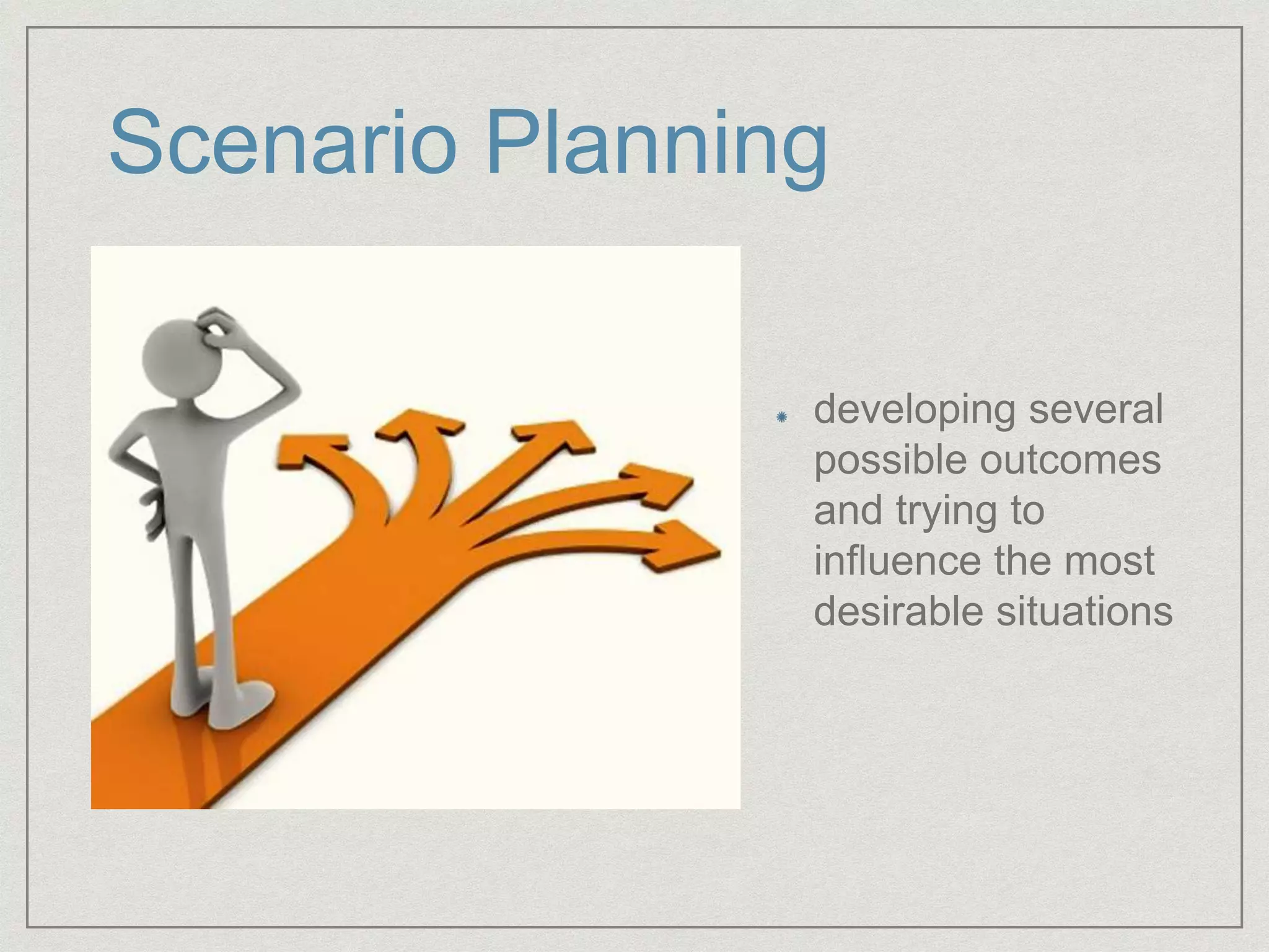 Scenario Planning
developing several
possible outcomes
and trying to
influence the most
desirable situations
 