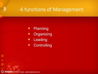4 functions of Management Planning Organizing Leading Controlling 