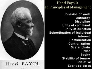 Henri Fayol’s  14 Principles of Management     Division of work        Authority        Discipline        Unity of command        Unity of direction       Subordination of individual interest        Remuneration       Centralization        Scalar chain        Order        Equity        Stability of tenure        Initiative       Esprit de corps 
