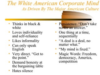 The White American Corporate Mind
As Driven By The Major American Culture
• Thinks in black &
white
• Loves individuality
and self-reliance
• Likes informality
• Can only speak
English
• Very direct. “Get to
the point.”
• Demand honesty at
the bargaining table
• Hates silence
• Persistence. “Don’t take
no for an answer.”
• One thing at a time,
sequentially
• “A deal is a deal, no
matter what.”
• “My mind is fixed.”
• Magic Words: Freedom,
democracy, America,
competition
 
