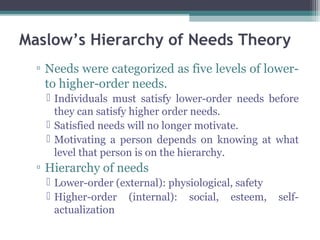 Maslow’s Hierarchy of Needs Theory
▫ Needs were categorized as five levels of lower-
to higher-order needs.
 Individuals must satisfy lower-order needs before
they can satisfy higher order needs.
 Satisfied needs will no longer motivate.
 Motivating a person depends on knowing at what
level that person is on the hierarchy.
▫ Hierarchy of needs
 Lower-order (external): physiological, safety
 Higher-order (internal): social, esteem, self-
actualization
 