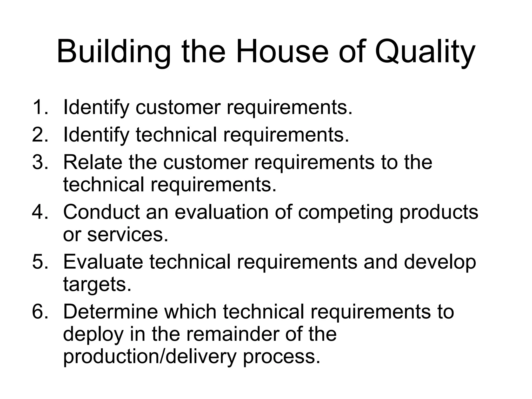 Building the House of Quality
1. Identify customer requirements.
2. Identify technical requirements.
3. Relate the customer requirements to the
   technical requirements.
4. Conduct an evaluation of competing products
   or services.
5. Evaluate technical requirements and develop
   targets.
6. Determine which technical requirements to
   deploy in the remainder of the
   production/delivery process.
 