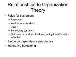 Relationships to Organization
             Theory
• Roles for customers
  –   Resource
  –   Worker (or coworker)
  –   Buyer
  –   Beneficiary (or user)
  –   Outcome or product of value-creating transformation
      activities
• Resource dependence perspective
• Integrative bargaining
 