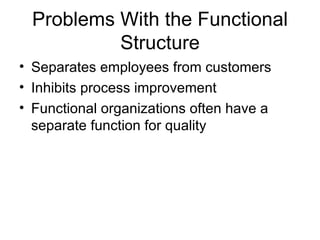 Problems With the Functional
           Structure
• Separates employees from customers
• Inhibits process improvement
• Functional organizations often have a
  separate function for quality
 