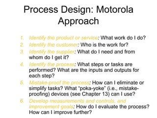 Process Design: Motorola
        Approach
1. Identify the product or service: What work do I do?
2. Identify the customer: Who is the work for?
3. Identify the supplier: What do I need and from
   whom do I get it?
4. Identify the process: What steps or tasks are
   performed? What are the inputs and outputs for
   each step?
5. Mistake-proof the process: How can I eliminate or
   simplify tasks? What “poka-yoke” (i.e., mistake-
   proofing) devices (see Chapter 13) can I use?
6. Develop measurements and controls, and
   improvement goals: How do I evaluate the process?
   How can I improve further?
 