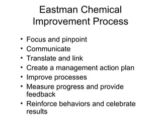 Eastman Chemical
    Improvement Process
• Focus and pinpoint
• Communicate
• Translate and link
• Create a management action plan
• Improve processes
• Measure progress and provide
  feedback
• Reinforce behaviors and celebrate
  results
 