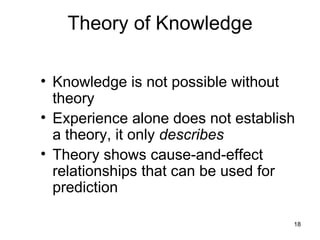 Theory of Knowledge

• Knowledge is not possible without
  theory
• Experience alone does not establish
  a theory, it only describes
• Theory shows cause-and-effect
  relationships that can be used for
  prediction

                                    18
 