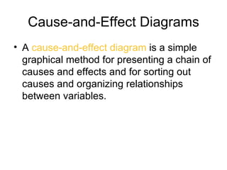 Cause-and-Effect Diagrams
• A cause-and-effect diagram is a simple
  graphical method for presenting a chain of
  causes and effects and for sorting out
  causes and organizing relationships
  between variables.
 