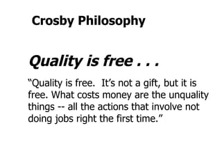 Crosby Philosophy


Quality is free . . .
“Quality is free. It’s not a gift, but it is
free. What costs money are the unquality
things -- all the actions that involve not
doing jobs right the first time.”
 
