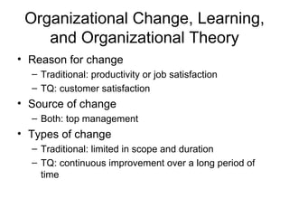 Organizational Change, Learning,
    and Organizational Theory
• Reason for change
  – Traditional: productivity or job satisfaction
  – TQ: customer satisfaction
• Source of change
  – Both: top management
• Types of change
  – Traditional: limited in scope and duration
  – TQ: continuous improvement over a long period of
    time
 