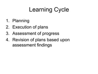 Learning Cycle
1.   Planning
2.   Execution of plans
3.   Assessment of progress
4.   Revision of plans based upon
     assessment findings
 
