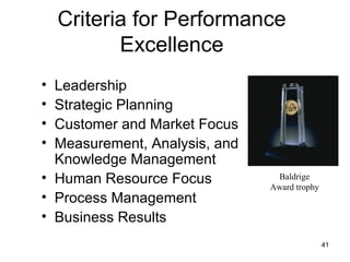 Criteria for Performance
           Excellence
• Leadership
• Strategic Planning
• Customer and Market Focus
• Measurement, Analysis, and
  Knowledge Management
• Human Resource Focus          Baldrige
                               Award trophy
• Process Management
• Business Results
                                              41
 