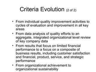 Criteria Evolution (2 of 2)
• From individual quality improvement activities to
  cycles of evaluation and improvement in all key
  areas
• From data analysis of quality efforts to an
  aggregate, integrated organizational level review
  of key company data
• From results that focus on limited financial
  performance to a focus on a composite of
  business results, including customer satisfaction
  and financial, product, service, and strategic
  performance
• From organizational achievement to
  organizational sustainability
 