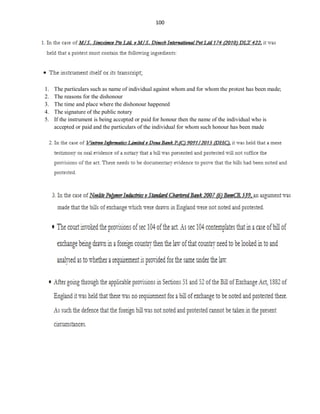 100
1. The particulars such as name of individual against whom and for whom the protest has been made;
2. The reasons for the dishonour
3. The time and place where the dishonour happened
4. The signature of the public notary
5. If the instrument is being accepted or paid for honour then the name of the individual who is
accepted or paid and the particulars of the individual for whom such honour has been made
 