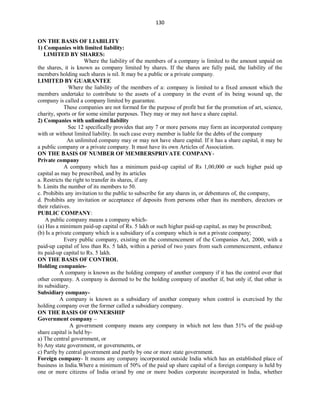 130
ON THE BASIS OF LIABILITY
1) Companies with limited liability:
LIMITED BY SHARES:
Where the liability of the members of a company is limited to the amount unpaid on
the shares, it is known as company limited by shares. If the shares are fully paid, the liability of the
members holding such shares is nil. It may be a public or a private company.
LIMITED BY GUARANTEE
Where the liability of the members of a: company is limited to a fixed amount which the
members undertake to contribute to the assets of a company in the event of its being wound up, the
company is called a company limited by guarantee.
These companies are not formed for the purpose of profit but for the promotion of art, science,
charity, sports or for some similar purposes. They may or may not have a share capital.
2) Companies with unlimited liability
Sec 12 specifically provides that any 7 or more persons may form an incorporated company
with or without limited liability. In such case every member is liable for the debts of the company
An unlimited company may or may not have share capital. If it has a share capital, it may be
a public company or a private company. It must have its own Articles of Association.
ON THE BASIS OF NUMBER OF MEMBERSPRIVATE COMPANY-
Private company
A company which has a minimum paid-up capital of Rs 1,00,000 or such higher paid up
capital as may be prescribed, and by its articles
a. Restricts the right to transfer its shares, if any
b. Limits the number of its members to 50.
c. Prohibits any invitation to the public to subscribe for any shares in, or debentures of, the company,
d. Prohibits any invitation or acceptance of deposits from persons other than its members, directors or
their relatives.
PUBLIC COMPANY:
A public company means a company which-
(a) Has a minimum paid-up capital of Rs. 5 lakh or such higher paid-up capital, as may be prescribed;
(b) Is a private company which is a subsidiary of a company which is not a private company;
Every public company, existing on the commencement of the Companies Act, 2000, with a
paid-up capital of less than Rs. 5 lakh, within a period of two years from such commencement, enhance
its paid-up capital to Rs. 5 lakh.
ON THE BASIS OF CONTROL
Holding companies-
A company is known as the holding company of another company if it has the control over that
other company. A company is deemed to be the holding company of another if, but only if, that other is
its subsidiary.
Subsidiary company-
A company is known as a subsidiary of another company when control is exercised by the
holding company over the former called a subsidiary company.
ON THE BASIS OF OWNERSHIP
Government company –
A government company means any company in which not less than 51% of the paid-up
share capital is held by-
a) The central government, or
b) Any state government, or governments, or
c) Partly by central government and partly by one or more state government.
Foreign company- It means any company incorporated outside India which has an established place of
business in India.Where a minimum of 50% of the paid up share capital of a foreign company is held by
one or more citizens of India or/and by one or more bodies corporate incorporated in India, whether
 