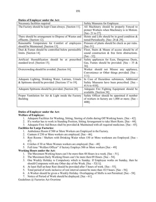 191
Duties of Employer under the Act:
Necessary facilities required Safety Measures for Employee
The Factory should be kept Clean always. [Section 11]. All Machinery should be properly Fenced to
protect Workers when Machinery is in Motion.
[Sec- 21 to 27].
There should be arrangement to Dispose of Wastes and
effluents. [Section 12].
Hoists and Lifts should be in good condition &
tested Periodically. [Sec- 28 & 29].
Reasonable Temperature for Comfort of employees
should be Maintained. [Section 13].
Pressure of plants should be check as per rules.
[Sec-31].
Dust & Fumes should be controlled below permissible
limits. [Section 14].
Floor, Stairs & Means of access should be of
sound construction & free form obstructions.
[Sec - 32].
Artificial Humidification should be at prescribed
standard level. [Section 15].
Safety appliances for Eyes, Dangerous Dusts,
Gas, Fumes should be provided. [Sec - 35 &
36].
Overcrowding should be avoided. [Section 16]. Worker should not Misuse any appliance,
Convenience or Other things provided. [Sec -
111].
Adequate Lighting, Drinking Water, Latrines, Urinals
& Spittoons should be provided. [Sections 17 to 19].
In Case of Hazardous substances, Additional
Safety Measures have been prescribed. [Sec -
41A to 41H].
Adequate Spittoons should be provided. [Section 20]. Adequate Fire Fighting Equipment should be
available. [Section 38].
Proper Vantilation for Air & Light inside the Factory
Building
Safety Officer should be appointed if number
of workers in factory are 1,000 or more. [Sec -
40B].
Duties of Employer under the Act:
Welfare of Employee:
1. Adequate Facilities for Washing, Sitting, Storing of cloths during Off Working hours. [Sec - 42].
2. If a worker has to work in Standing Position, Sitting Arrangement to take Short Rests. [Sec - 44].
3. Adequate First Aid Boxes shall be provided & Maintained with all required medicines. [Sec - 45].
Facilities for Large Factories:
1. Ambulance Room if 500 or More Workers are Employed in the Factory.
2. Canteen if 250 or More workers are employed. [Sec - 46].
3. Rest Rooms / Shelters with Drinking Water when 150 or More workmen are Employed. [Sec -
47]
4. Crèches if 30 or More Women workers are employed. [Sec - 48]
5. Full time “Welfare Officer” if factory Employs 500 or More workers [Sec - 49]
Working Hours under the Act:
1. The Maximum Working hours can’t be more then 48 Hours in a week. [Sec - 51].
2. The Maximum Daily Working Hours can’t be more then 09 Hours. [Sec - 54].
3. One Weekly Holiday is Compulsory which is Sunday. If Employee works on Sunday, then he
should Compenste with any Other day of the Week. [Sec - 52(1)].
4. At least Half an hour Rest should be provided after 5 hours of work. [Sec - 55].
5. Total period of work inclusive of rest interval cannot be more than 10.5 hours. [Sec - 56].
6. A Worker should be given a Weekly Holiday. Overlapping of Shifts is not Permitted. [Sec - 58].
7. Notice of Period of Work should be displayed. [Sec - 61].
Guidelines @ Factories Act Overtime
 