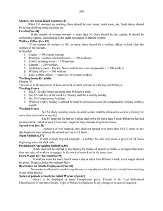 209
Shelter, rest room, lunch room[Sec.47]
When 150 workers are working, there should be rest rooms, lunch room, etc. Such places should
be having drinking water facilities etc.
Creches[Sec.48]
If the number of women workers is more than 30, there should be the creches. It should be
sufficiently lighted, ventilated & to be under the charge of trained women
Welfare Officer[Sec.49]
If the number of workers is 500 or more, there should be a welfare officer to look after the
welfare of the workers.
In Nutshell
1. Crèche - > 30 women workers
2. Restroom / shelters and lunch room - > 150 workmen
3. Cooled drinking water - > 250 workers
4. Canteen - > 250 workers
5. Ambulance room – Doctor, Nurse and Dresser cum compounder - > 500 workers
6. Welfare officer - > 500 workers
7. Lady welfare officer - > more nos. of women workers
Working hours Of Adults
Chapter VI
The rule as to the regulation of hours of work of adult workers in a factory and holidays.
Working Hours
1. Sec.51-Weekly hours not more than 48 hours a week
2. Sec.52-First day of the week i.e. Sunday shall be a weekly holiday
3. Sec.53-Compensatory holidays
4. Where a weekly holiday is denied he shall be allowed to avail the compensatory holiday within a
month.
Working Hours
Sec.54-Daily working hours- no adult worker shall be allowed to work in a factory for
more than nine hours in any day
Sec.55-Intervals for rest-no worker shall work for more than 5 hours before he has had
an interval for rest of at least 1/2 an hour. Inspector may increase it up to six hours.
Spread over [sec.56]
Inclusive of rest intervals they shall not spread over more than 10-1/2 hours in any
day Inspector may increase the spread over up to 12 hours .
Night Shifts[Sec.57]
If shift extends beyond midnight , a holiday for him will mean a period of 24 hours
beginning when his shift ends.
Prohibition Overlapping Shifts[Sec.58]
Work shall not be carried in any factory by means of system of shifts so arranged that more
than one relay of workers is engaged in the work of same kind at the same time.
Extra Wages for Overtime[Sec.59]
If workers work for more than 9 hours a day or more than 48 hour a week, extra wages should
be given. Wages at twice the ordinary Rate.
Restriction on Double Employment[Sec.60]
No worker is allowed to work in any factory on any day on which he has already been working
in any other factory
Notice of periods of work for Adult Workers[Sec.61]
Notice to be displayed at some Conspicuous place. Periods to be fixed beforehand
Classification of workers-Groups. Copy of Notice in Duplicate & any change to be sent to Inspector.
 