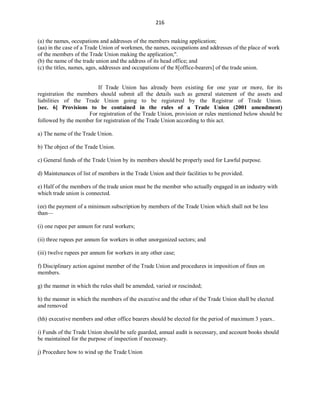 216
(a) the names, occupations and addresses of the members making application;
(aa) in the case of a Trade Union of workmen, the names, occupations and addresses of the place of work
of the members of the Trade Union making the application;''.
(b) the name of the trade union and the address of its head office; and
(c) the titles, names, ages, addresses and occupations of the 8[office-bearers] of the trade union.
If Trade Union has already been existing for one year or more, for its
registration the members should submit all the details such as general statement of the assets and
liabilities of the Trade Union going to be registered by the Registrar of Trade Union.
[sec. 6] Provisions to be contained in the rules of a Trade Union (2001 amendment)
For registration of the Trade Union, provision or rules mentioned below should be
followed by the member for registration of the Trade Union according to this act.
a) The name of the Trade Union.
b) The object of the Trade Union.
c) General funds of the Trade Union by its members should be properly used for Lawful purpose.
d) Maintenances of list of members in the Trade Union and their facilities to be provided.
e) Half of the members of the trade union must be the member who actually engaged in an industry with
which trade union is connected.
(ee) the payment of a minimum subscription by members of the Trade Union which shall not be less
than—
(i) one rupee per annum for rural workers;
(ii) three rupees per annum for workers in other unorganized sectors; and
(iii) twelve rupees per annum for workers in any other case;
f) Disciplinary action against member of the Trade Union and procedures in imposition of fines on
members.
g) the manner in which the rules shall be amended, varied or rescinded;
h) the manner in which the members of the executive and the other of the Trade Union shall be elected
and removed
(hh) executive members and other office bearers should be elected for the period of maximum 3 years..
i) Funds of the Trade Union should be safe guarded, annual audit is necessary, and account books should
be maintained for the purpose of inspection if necessary.
j) Procedure how to wind up the Trade Union
 