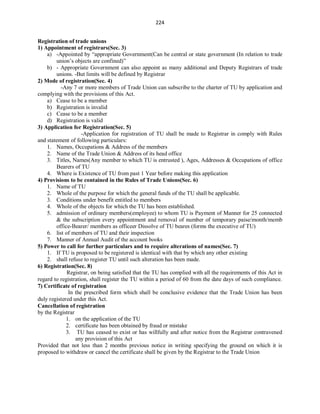 224
Registration of trade unions
1) Appointment of registrars(Sec. 3)
a) -Appointed by “appropriate Government(Can be central or state government (In relation to trade
union’s objects are confined)”
b) - Appropriate Government can also appoint as many additional and Deputy Registrars of trade
unions. -But limits will be defined by Registrar
2) Mode of registration(Sec. 4)
-Any 7 or more members of Trade Union can subscribe to the charter of TU by application and
complying with the provisions of this Act.
a) Cease to be a member
b) Registration is invalid
c) Cease to be a member
d) Registration is valid
3) Application for Registration(Sec. 5)
-Application for registration of TU shall be made to Registrar in comply with Rules
and statement of following particulars:
1. Names, Occupations & Address of the members
2. Name of the Trade Union & Address of its head office
3. Titles, Names(Any member to which TU is entrusted ), Ages, Addresses & Occupations of office
Bearers of TU
4. Where is Existence of TU from past 1 Year before making this application
4) Provisions to be contained in the Rules of Trade Unions(Sec. 6)
1. Name of TU
2. Whole of the purpose for which the general funds of the TU shall be applicable.
3. Conditions under benefit entitled to members
4. Whole of the objects for which the TU has been established.
5. admission of ordinary members(employee) to whom TU is Payment of Manner for 25 connected
& the subscription every appointment and removal of number of temporary paise/month/memb
office-Bearer/ members as officeer Dissolve of TU beares (forms the executive of TU)
6. list of members of TU and their inspection
7. Manner of Annual Audit of the account books
5) Power to call for further particulars and to require alterations of names(Sec. 7)
1. If TU is proposed to be registered is identical with that by which any other existing
2. shall refuse to register TU until such alteration has been made.
6) Registration(Sec. 8)
Registrar, on being satisfied that the TU has complied with all the requirements of this Act in
regard to registration, shall register the TU within a period of 60 from the date days of such compliance.
7) Certificate of registration
In the prescribed form which shall be conclusive evidence that the Trade Union has been
duly registered under this Act.
Cancellation of registration
by the Registrar
1. on the application of the TU
2. certificate has been obtained by fraud or mistake
3. TU has ceased to exist or has willfully and after notice from the Registrar contravened
any provision of this Act
Provided that not less than 2 months previous notice in writing specifying the ground on which it is
proposed to withdraw or cancel the certificate shall be given by the Registrar to the Trade Union
 