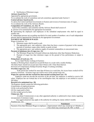 228
4. Notification of Minimum wages
Advisory board (Sec.7)
Appointed by appropriate government. .
To co-ordinate the work of committees and sub committees appointed under Section 5.
Central advisory board (sec.8) .
To advise the Central and State Governments in fixation and revision of minimum rates of wages. .
To co-ordinate the work of the Advisory Boards. .
Composition of Committees, etc. (Sec. 9)
Each of the committee, sub-committee and the Advisory Board shall consist of:
A. persons to be nominated by the appropriate Government.
B. representing the employers and employees in the scheduled employments who shall be equal in
number and
C. independent persons not exceeding one-third of its total number of members: one of such independent
persons shall be appointed the Chairman by the appropriate Government.
PAYMENT OF MINIMUM WAGES
Wages in kind (sec. 11)
1. Minimum wages shall be paid in cash.
2. The appropriate govt. may authorize, where there has been a custom of payment in this manner,
payment of minimum wages either wholly or partly in kind.
3. The appropriate govt. may authorize supply of essential commodities at concessional rates.
Payment of minimum rate of wages (sec. 12)
1. The Minimum Wages has to be paid without any deductions other than Statutory Deductions.
2. Payment of wages less than minimum wages on the ground of less performance or output is
illegal.
Fixing hours of work (sec. 13)
For an Adult Worker working in Factories:
Number of Working Hours should not exceed 48 Hours in a week with a weekly Holiday.
The Daily Hours should not exceed more than 9 Hours with 1 Hour Rest Interval.
Provision of Compensatory Holiday/Overtime Wages if working on holiday.
Overtime wages (sec. 14)
If the person has worked for more than 48 hours in a week then, the excess hours worked will be
treated as Overtime. Overtime wage rate will be twice of the normal wage rate .
Wages for a person who has worked less than normal working hours (sec. 15)
Employer could not provide the activities of the job then, the employee is entitled to receive full
salary. Employee has not worked due to his unwillingness then, the employee is not entitled to receive
full salary.
Records to be maintained (sec. 18)
The Registers should contain the following particulars-
(i) particulars of employed persons
(ii) the work performed by them
(iii) the wages paid to them
(iv) the receipts given by them
Claims (sec. 20)
A Labour Commissioner or any other appointed authority is authorized to hear claims regarding
non-payment of minimum wages
Any aggrieved person may apply to the authority for settling his claims within 6 months
Penalties (sec. 22)
Offence Punishment
Payment of less than Minimum Wages to employee Imprisonment which may extend up to 6 Months or
Fine which may extend up to Rs 500/- or Both
 