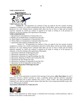 33
VOID AGREEMENTS
Valid Contracts. (Sec. 10)•
Section 10 “ All agreements are contracts if they are made by the free consent of parties
competent to contract, for a lawful consideration and with a lawful object, and are not hereby expressly
declared to be void. Nothing herein contained shall affect any law in force in India and not hereby
expressly repealed, by which any contract is required to be made in writing or in the presence of
witnesses, or any law relating to the registration of documents.
VOID AGREEMENTS•
i. Agreements by a Incompetent to Contract (Sec.11).•
ii. Mistake of Fact (Both Parties, Essential Fact) (Sec.20).•
iii. Where Object or Consideration is Unlawful (Sec.23).•
Iv. Where Object or Consideration is Unlawful in Part (Sec.24).•
v. Agreements made without consideration (Sec. 25).
Section 10 “ All agreements are contracts if they are made by the free consent of parties
competent to contract, for a lawful consideration and with a lawful object, and are not hereby expressly
declared to be void. Nothing herein contained shall affect any law in force in India and not hereby
expressly repealed, by which any contract is required to be made in writing or in the presence of
witnesses, or any law relating to the registration of documents.
1. Agreements in Restraint of Marriage (Sec.26)•
2. Agreements in Restraint of a Trade (Sec.27)•
3. Agreements in Restraint of Legal Proceedings (Sec.28)•
4. Agreements, Meaning of which is Not Certain (Sec.29)•
5. Agreements By Way Wager (Sec.30)•
6. Agreements Contingent on Impossible Event (Sec.36)•
7. Agreements To Do an Impossible Act (Sec.56(1)).
Agreements in Restraint of Marriage (Sec.26)•
Sec.26 “Every agreement in restraint of the marriage of any person, other than minor, is void.”•
Difference between a positive promise to marry a particular person And but restrictive agreement
containing a promise not to marry anybody else.• Lowe v. Peers, (1768) : Mr. Peers promised Mrs.
Catherine Lowe, that he would not marry anyone other than Mrs. Lowe and promised further to pay, Mrs.
Lowe, 2000 pounds on default.
Agreements in Restraint of a Trade (Sec.27)•
Sec.27 “Every agreement by which anyone is restrained from exercising a lawful profession, trade or
business of any kind, is to that extent void.”
 