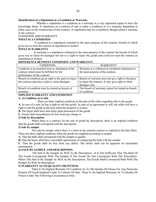 62
Identification of a Stipulation as a Condition or Warranty
Whether a stipulation is a condition or a warranty is a very important aspect to have the
knowledge about. A stipulation in a contract of sale is either a condition or is a warranty depending in
either case on the construction of the contract. A stipulation may be a condition, though called a warranty
in the contract.
CONDITION AND WARRANTY
WHAT IS A CONDITION
A condition is a stipulation essential to the main purpose of the contract ,breach of which
gives rise to treat the contract as repudiated or broken
WHAT IS WARRANTY
A warranty is a stipulation collateral to the main purpose of the contract the breach of which
gives rise to claim for damages but not to a right to reject the goods and could not treat the contract as
repudiated or broken.
DIFFERENCE BETWEEN CONDITION AND WARRANTY
CONDITION WARRANTY
Condition is an essential term or stipulation of the
contract which must be fulfilled for the
performance of the contract.
Warranty is a collateral or incidental stipulation to
the main purpose of the contract.
Breach of condition gives right to the party to reject
the contract and also a right to claim damages
Breach of warranty does not give right to the party
to reject the contract. It only give right to claim
damages only
Breach of condition may be treated as breach of
warranty
The breach of warranty cannot be treated as breach
of condition
IMPLIED WARRANTY AND CONDITION
A. 1) Condition as to title
There are three implied condition on the part of the seller regarding title to the goods.
A. In case of a sale, he has a right to sell the goods. In case of an agreement to sell, the seller will have a
right to sell the goods at the time when the property is to pass.
B. The buyer shall have and enjoy quiet possession of the goods
C. Goods shall encumbrance be free from any charge or
2) Sale by description
Where there is a contract for the sale of goods by description, there is an implied condition
that the goods shall correspond with the description.
3) Sale by sample
The sale by sample where there is a term in the contract express or implied to the that effect.
There are three implied condition when the goods are supplied according to sample.
A. That the bulk shall correspond with the sample in quality
B. That the buyer shall have reasonable opportunity of comparing the bulk with the sample
C. That the goods shall be free from any defect. The defect shall not be apparent on reasonable
examination.
4) SALE BY SAMPLE AND DESCRIPTION
The Sale Is By Sample As Well As By Description , It Is Not Sufficient That The Bulk Of
The Goods Corresponds With The Sample If The Goods Do Not Correspond With The Description.
Where The Sale Is By Sample As Well As By Description, The Goods Shall Correspond Both With The
Sample As Well As Description.
5) WARRANTY AS TO QUALITY OR FITNESS
There Is No Implied Warranty Or Condition As To The Quality Or Fitness For Any Particular
Purpose Of Good Supplied Under A Contract Of Sale. There Is An Implied Warranty As To Quality Or
Fitness Under The Following Circumstances Only.
 