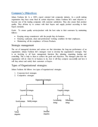 Company’s Objectives:
Jahara Fashions ltd. Is a 100% export oriented knit composite industry. As a profit making
organization they have some fixed & certain objectives. Jahara Fashions ltd’s main objective is-
become one of the leading companies with customer satisfaction. They also ensure their product
quality. They all-time try to contact with their buyers and supply product according to their
buyers demands.
Goals: To ensure quality service/product with the best value to their customers by maintaining
follows:
 Keeping strong commitment with the people they do business.
 Ensuring a pleasant, clean and professional working condition for their employees.
 Maintaining all the compliance of Green Products.
Strategic management
The set of managerial decisions and actions are that determines the long-run performance of an
organization. Jahana Fashions ltd’s managers want to develop the organization’s strategies. That
is an involving to all basic management functions like: planning, organizing, leading and
controlling. This is help to them to achieve the goals and objectives. The managers plan how the
organization will do what it’s in business to do, how it will they compete successfully and how it
will they attract and satisfy their customers or buyers.
Types of Organizational strategies:
Jahara Fashions ltd follows two types of organizational strategies.
1. Corporate-level strategies
2. Competitive strategies
 