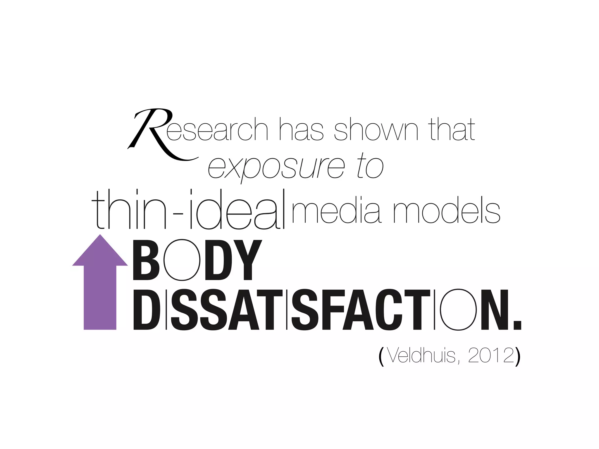 R esearch has shown that
      exposure to
thin-ideal media models
  BODY
  DISSATISFACTION.
                  ( Veldhuis, 2012 )
 