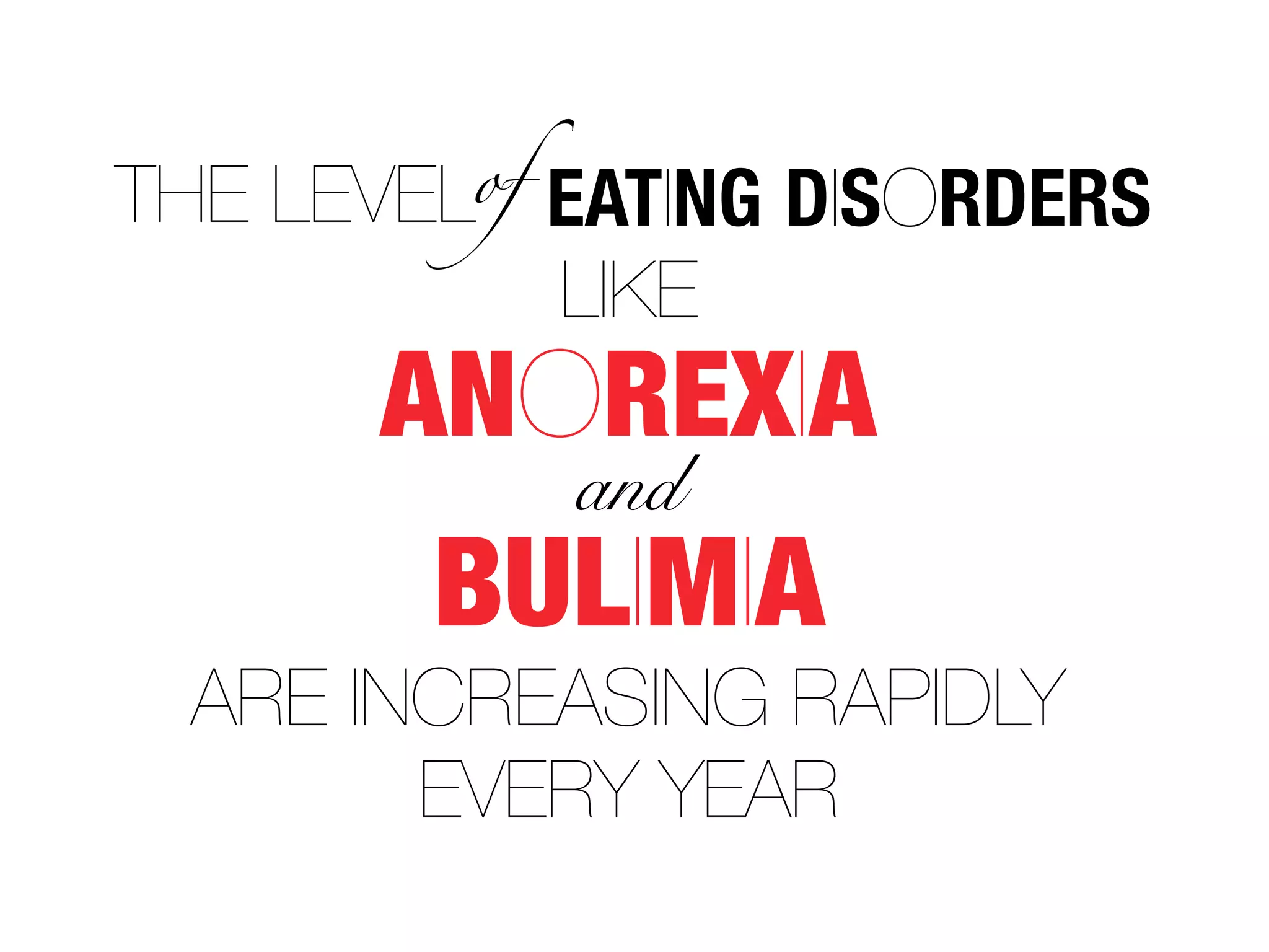 of
THE LEVEL EATING DISORDERS
          LIKE
      ANOREXIA
             and
       BULIMIA
 ARE INCREASING RAPIDLY
       EVERY YEAR
 