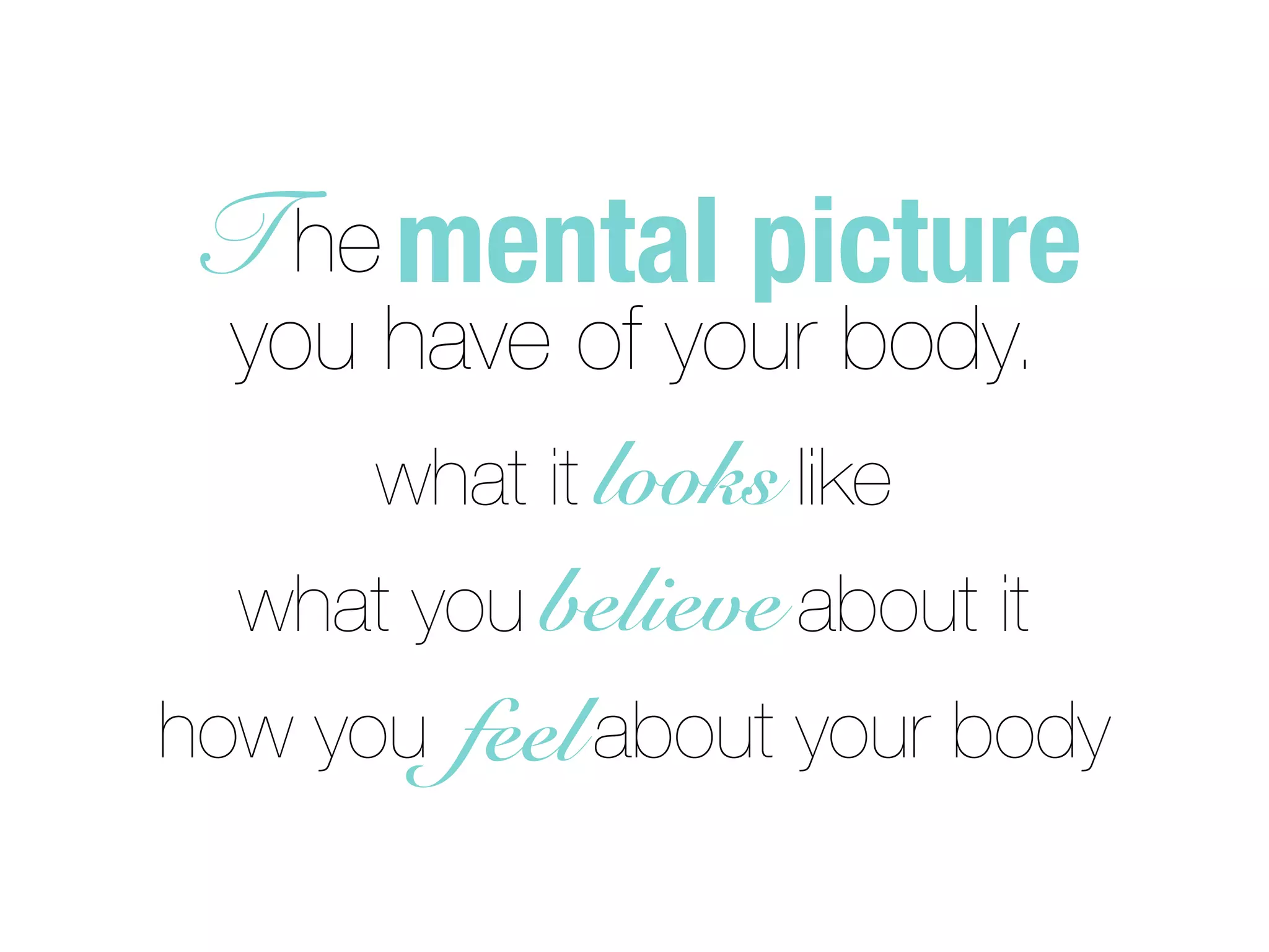 T he mental picture
  you have of your body.
      what it looks like
  what you believe about it
how you feel about your body
 