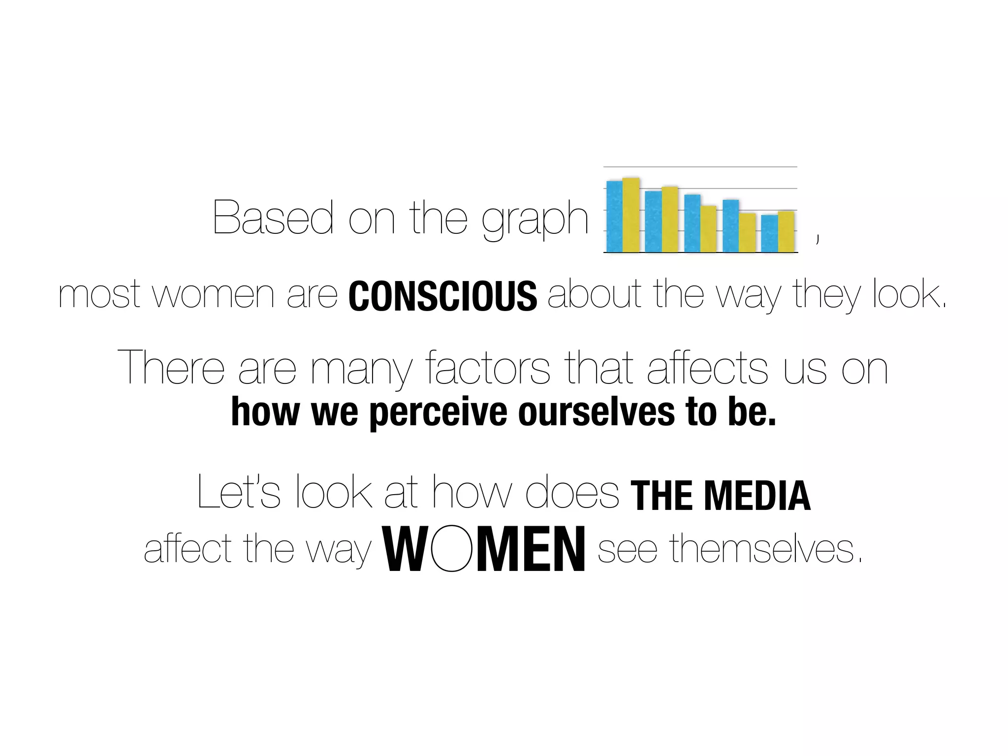 Based on the graph                  ,
most women are CONSCIOUS about the way they look.
   There are many factors that affects us on
         how we perceive ourselves to be.
       Let’s look at how does THE MEDIA
    affect the way WOMEN see themselves.
 