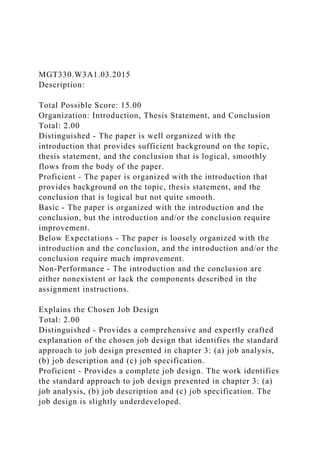 MGT330.W3A1.03.2015
Description:
Total Possible Score: 15.00
Organization: Introduction, Thesis Statement, and Conclusion
Total: 2.00
Distinguished - The paper is well organized with the
introduction that provides sufficient background on the topic,
thesis statement, and the conclusion that is logical, smoothly
flows from the body of the paper.
Proficient - The paper is organized with the introduction that
provides background on the topic, thesis statement, and the
conclusion that is logical but not quite smooth.
Basic - The paper is organized with the introduction and the
conclusion, but the introduction and/or the conclusion require
improvement.
Below Expectations - The paper is loosely organized with the
introduction and the conclusion, and the introduction and/or the
conclusion require much improvement.
Non-Performance - The introduction and the conclusion are
either nonexistent or lack the components described in the
assignment instructions.
Explains the Chosen Job Design
Total: 2.00
Distinguished - Provides a comprehensive and expertly crafted
explanation of the chosen job design that identifies the standard
approach to job design presented in chapter 3: (a) job analysis,
(b) job description and (c) job specification.
Proficient - Provides a complete job design. The work identifies
the standard approach to job design presented in chapter 3: (a)
job analysis, (b) job description and (c) job specification. The
job design is slightly underdeveloped.
 