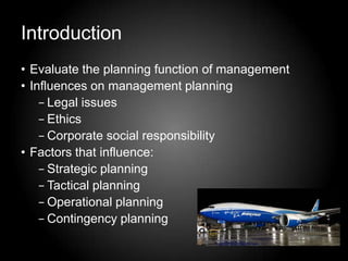 IntroductionEvaluate the planning function of managementInfluences on management planningLegal issues