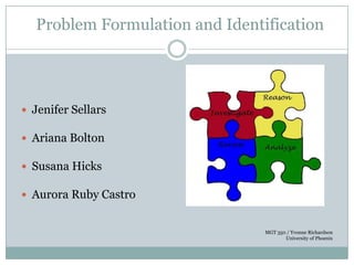 Problem Formulation and Identification




 Jenifer Sellars

 Ariana Bolton

 Susana Hicks

 Aurora Ruby Castro


                                MGT 350 / Yvonne Richardson
                                       University of Phoenix
 