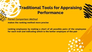 Traditional Tools for Appraising
Performance
 Paired Comparison Method
- makes the ranking method more precise
- ranking ...