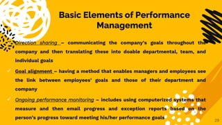 Basic Elements of Performance
Management
 Direction sharing – communicating the company’s goals throughout the
company an...