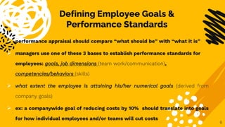 Defining Employee Goals &
Performance Standards
 performance appraisal should compare “what should be” with “what it is”
...