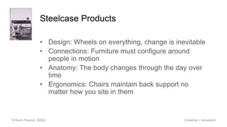 Steelcase Products
• Design: Wheels on everything, change is inevitable
• Connections: Furniture must configure around
people in motion
• Anatomy: The body changes through the day over
time
• Ergonomics: Chairs maintain back support no
matter how you site in them
© Kevin Popović, SDSU Creativity + Innovation
 