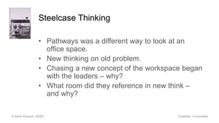 Steelcase Thinking
• Pathways was a different way to look at an
office space.
• New thinking on old problem.
• Chasing a new concept of the workspace began
with the leaders – why?
• What room did they reference in new think –
and why?
© Kevin Popović, SDSU Creativity + Innovation
 