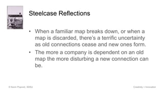 Steelcase Reflections
• When a familiar map breaks down, or when a
map is discarded, there’s a terrific uncertainty
as old connections cease and new ones form.
• The more a company is dependent on an old
map the more disturbing a new connection can
be.
© Kevin Popović, SDSU Creativity + Innovation
 