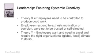 Leadership: Fostering Systemic Creativity
• Theory X = Employees need to be controlled to
produce good work.
• Employees respond to extrinsic motivation or
coercion, were not to be trusted or self-directed.
• Theory Y = Employees want and need to excel and
require the right organizational (global, local) climate
to do so.
© Kevin Popović, SDSU Creativity + Innovation
 
