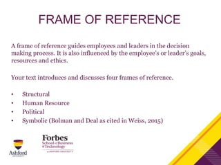 FRAME OF REFERENCE
A frame of reference guides employees and leaders in the decision
making process. It is also influenced by the employee’s or leader’s goals,
resources and ethics.
Your text introduces and discusses four frames of reference.
• Structural
• Human Resource
• Political
• Symbolic (Bolman and Deal as cited in Weiss, 2015)
 